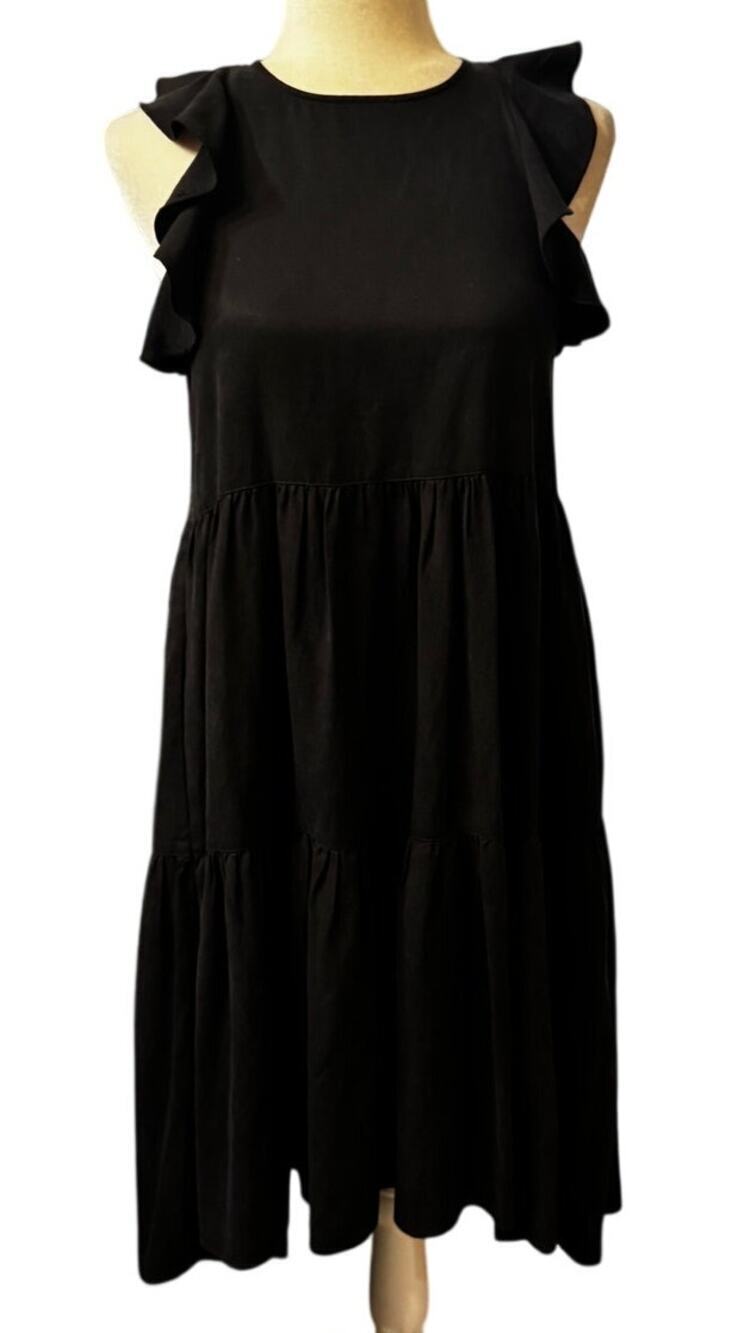 Ulla Johnson Sienna Midi Dress, Size 0, Jet Black Tiered Skirt Cascade Ruffles